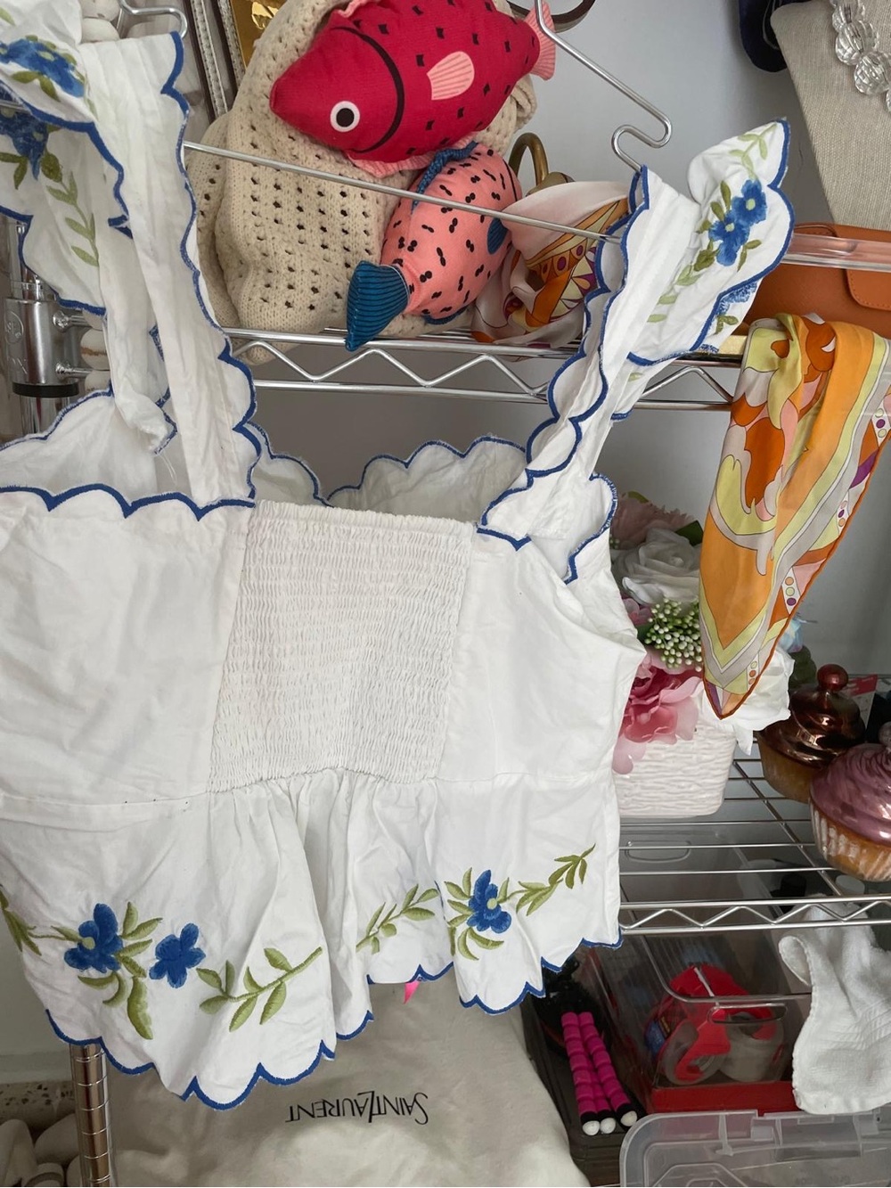 Anthropologie White Scalloped Floral Embroidered Tank Top - Blue Accent - Picture 4 of 6